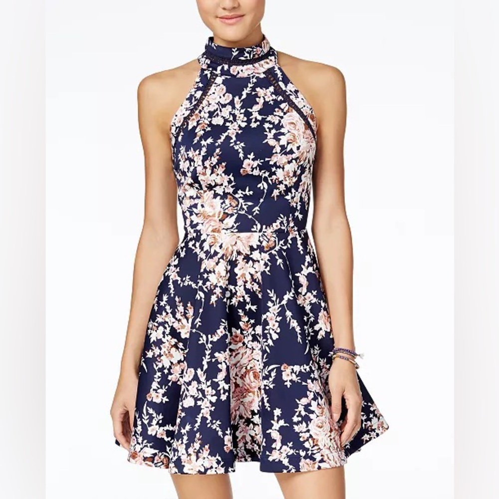 Juniors' Printed Mock-Neck Crochet-Trim Fit & Flare Dress